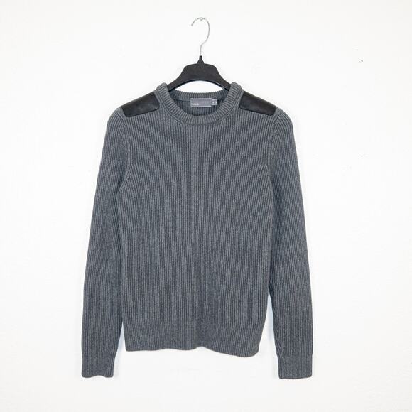 Vince Men's Cotton Ribbed knit Crew Sweater leather shoulder patch M - Picture 2 of 8